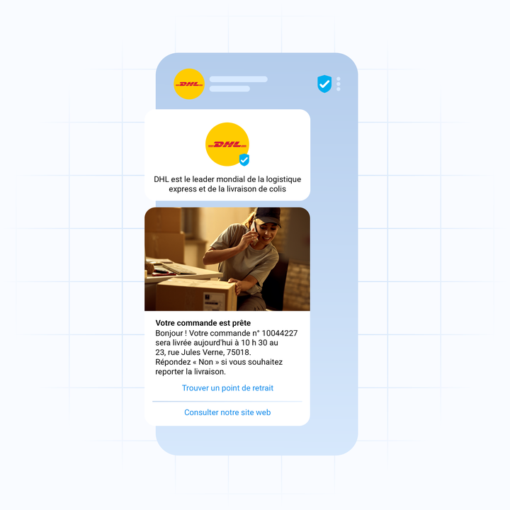 Smartphone screen showing a DHL notification about a package readiness with a smiling delivery person on the phone and package details.