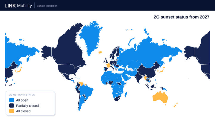 Image of LINK Mobility’s global 2G network sunset status from 2027, showing a world map with countries categorized by 2G network availability: all open, partially closed, or fully closed.