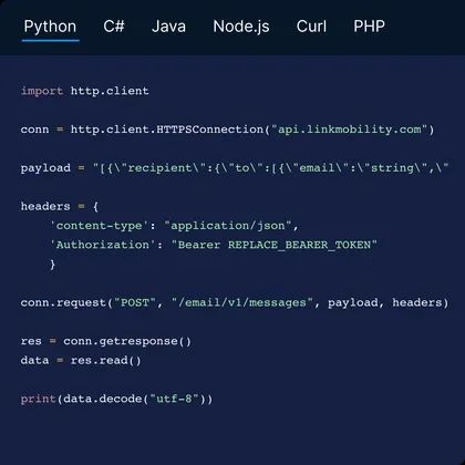 Illustrationsexempel av kod för implementation av Email API