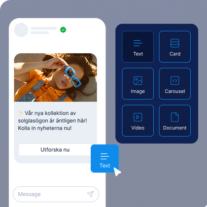 Illustration av hur enkelt det är att bygga en RCS-kampanj i MyLINK Studio, drag-and-drop verktyg för att bygga RCS-kampanjer med text, bild, video, karuseller, dokument och call to actions.