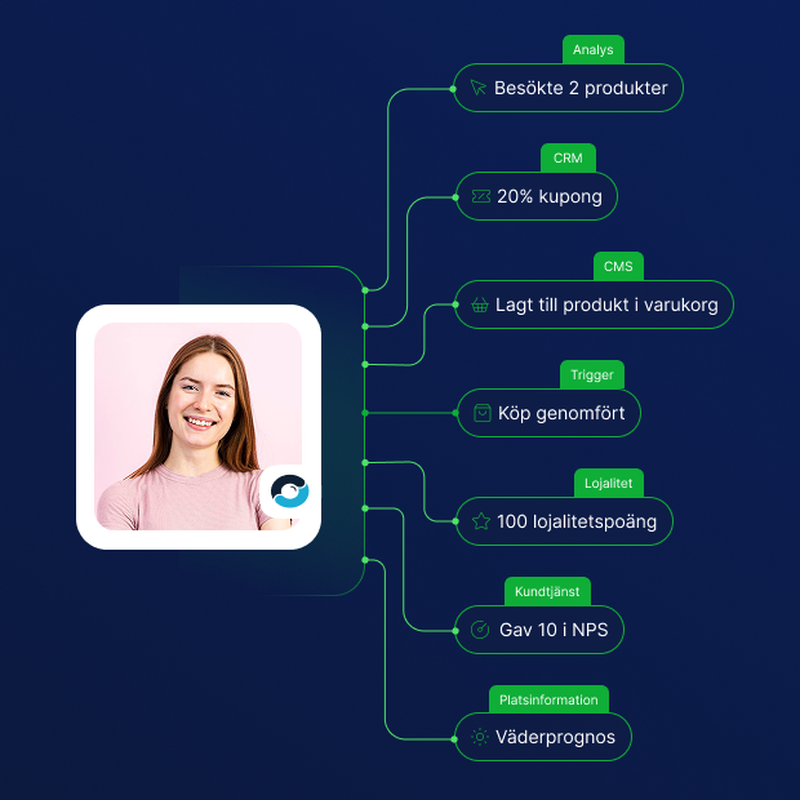 Översikt av hur kunddata kan organiseras och hanteras i LINKs Marketing Automation-plattform. Visar på en fiktiv kunds beteendedata så som genomförda köp, produkter tillagda i varukorg, antal lojalitetspoäng och besökta produkter på hemsidan