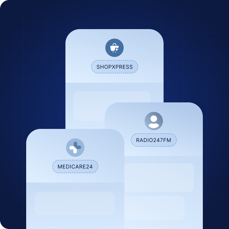 Illustration av tre SMS med tre olika alfanumeriska avsändarID:n – Shopxpress, medicare24 och radio247FM