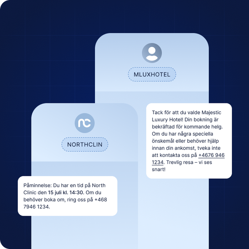 Illustration av två SMS från två olika företag som använder sig av SenderID Protection för att förhindra olövlig användning av sitt avsändar-ID och därmed förhindrar risken för SMS-bedrägerier