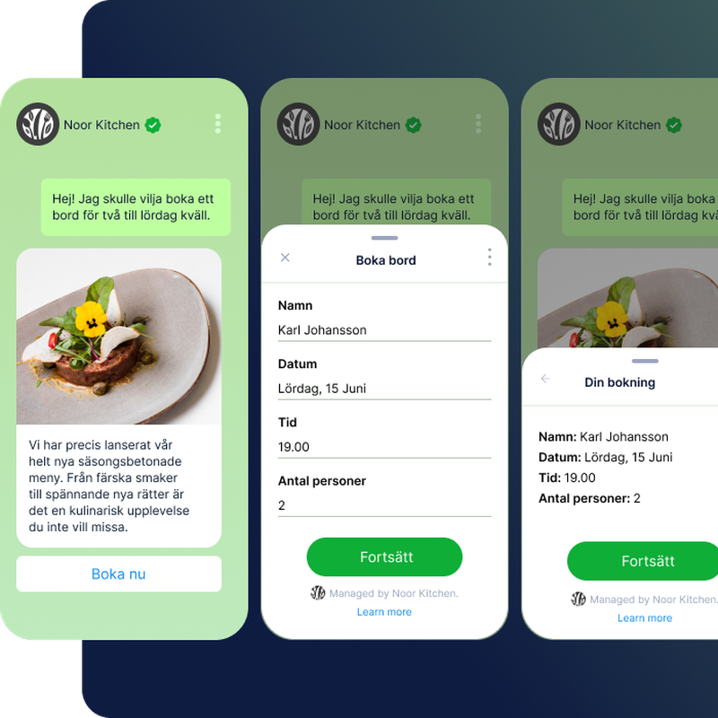 Ett kommunikationsflöde via WhatsApp för företaget Noor Kitchen. Konversationen initieras av en kund som vill boka ett bord och konversationen fortsätter sedan i WhatsApp där en bokning sker direkt i WhatsApp.