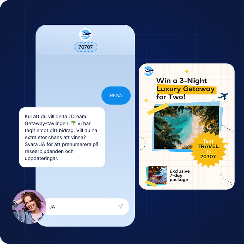 Ett SMS där en kund initierad en konversationen med ett företag genom att skicka in kodordet 'RESA' för att vara med i en tävling om att kunna vinna en resa