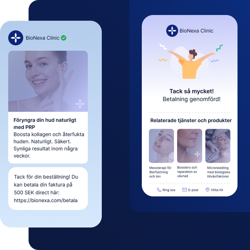 Illustration av ett varumärkesanpassad mobilfaktura med landningssida som inkluderar kontaktuppgifter, logga och tips på relaterade produkter