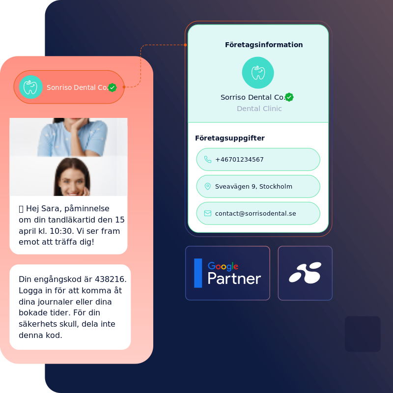 Visar hur en verifierad RCS-agent kan se ut med företagsuppgifter så som e-post, telefon och adressuppgifter, samt logga med verifierad checkmarkering.