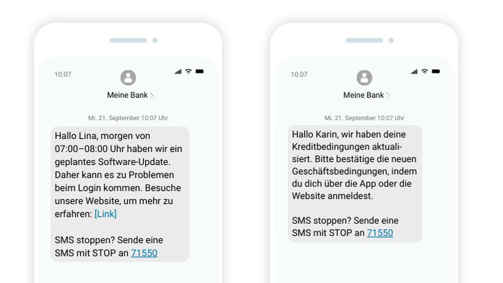 Zwei Smartphone-Bildschirme, auf denen SMS-Nachrichten von „Meine Bank“ zu einem Software-Update und einer Aktualisierung der Kreditbedingungen zu sehen sind, einschließlich Anweisungen und eines Links.