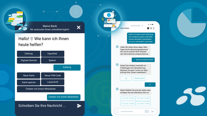 Eine digitale Banking-Oberfläche, auf der Optionen wie Zahlungen, Kredite und neue Karten angezeigt werden, sowie ein mobiler Chat-Bildschirm mit Hinweisen zum Kundensupport.