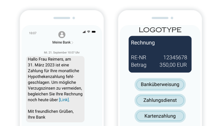 Auf zwei Smartphones werden eine Benachrichtigung der Bank und Zahlungsoptionen angezeigt. Die Nachricht informiert über eine fehlgeschlagene Hypothekenzahlung und enthält einen Link zur Behebung des Problems.