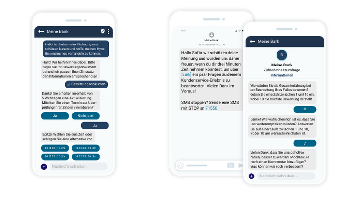 Auf drei Smartphones werden Chat-Oberflächen mit Nachrichten einer Bank angezeigt, darunter Zufriedenheitsumfragen und Optionen zur Terminvereinbarung.
