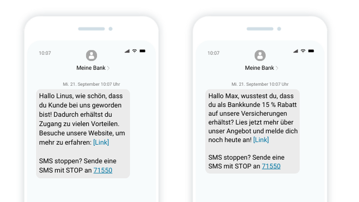 Zwei Smartphone-Bildschirme, auf denen Textnachrichten von „Meine Bank“ zu sehen sind, in denen Dienstleistungen und Rabatte mit Link-Optionen angeboten werden.