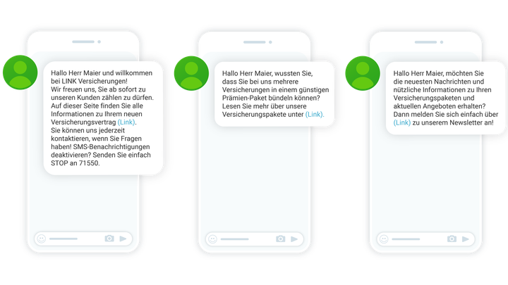 Auf drei Smartphones werden Nachrichten einer Versicherungsgesellschaft angezeigt, die an einen Kunden gerichtet sind und Links sowie Newsletter-Optionen enthalten.