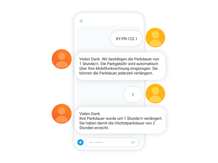 Smartphone mit SMS-Konversation zu einer Parkplatz-Buchung inkl. Verlängerung der Parkdauer.