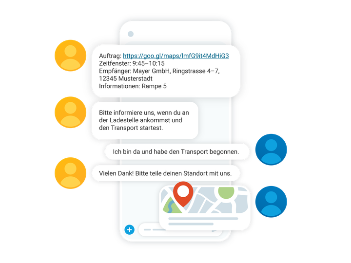 Ein Mobiltelefon mit Logistik-Nachrichten in denen einem Fahrer eine Adresse und weitere Informationen übermittelt werden.