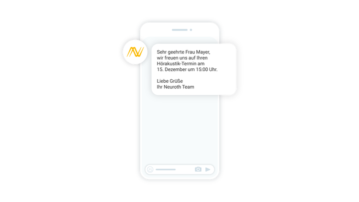 Smartphone mit SMS-Nachricht, mit einer Terminerinnerung des Hörakustikers Neuroth.