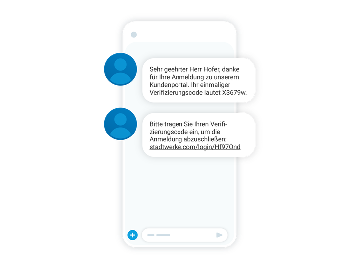 Mobiltelefon mit Nachrichten mit einem Sicherheitscode für die erste Anmeldung in einem Kundenportal der Stadtwerke.