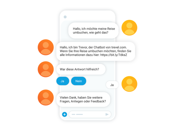 Smartphone mit WhatsApp-Konversation mit einem Kundenservice-Chatbot, um eine Reise umzubuchen.