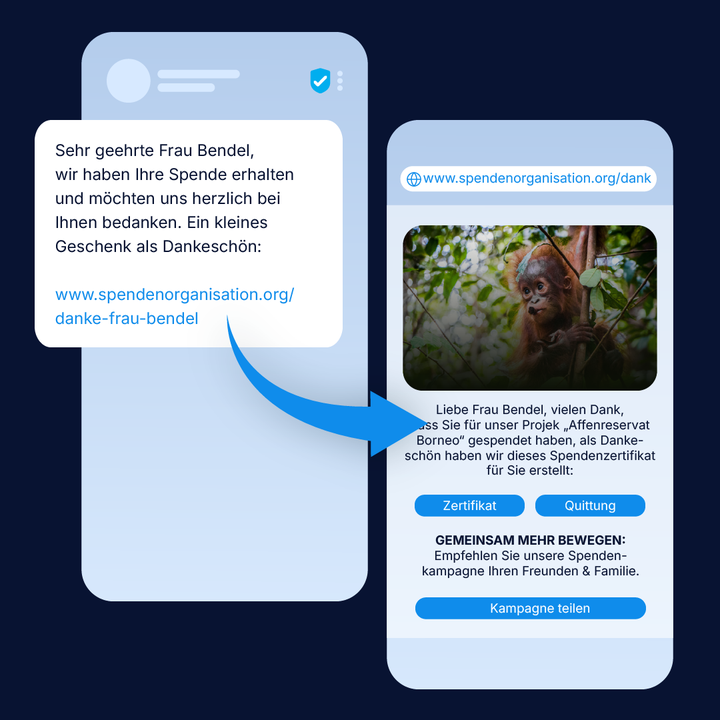 Nachrichten-Biespiel, wie eine Spendenorganisation SMS in der Kommunikation einsetzen kann. Hier wird ein LINK zu einer Danke-Seite inkl. Möglichkeit zum Zertifikat-Download bzw. Download der Quittung sowie ein kleines Goodie für den Spender zur Verfügung gestellt.