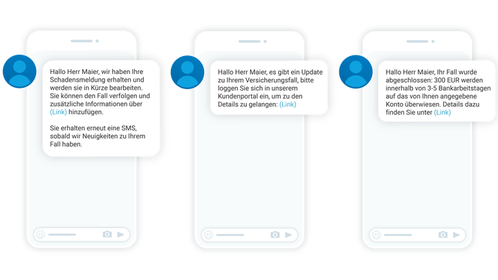 Auf drei Smartphone-Bildschirmen werden Textnachrichten angezeigt, die einen Kunden über den Stand seines Versicherungsanspruchs informieren und Links zum Kundenportal enthalten.