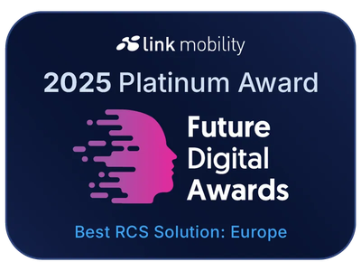 Bild som visar LINK Mobilitys utmärkelse för bästa RCS-lösning i Europa inom kundkommunikation och innovation inom meddelandetjänster vid Future Digital Awards.