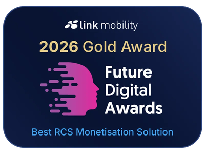 Bild som visar LINK Mobility som vinnare av Future Digital Award för bästa RCS-monetiseringslösning, med fokus på innovation inom kundkommunikation och meddelandekanaler.