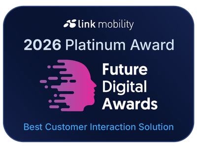 Bild som visar LINK Mobility som vinnare av Future Digital Award för bästa lösning för kundinteraktion, med fokus på innovation inom kundkommunikation och tvåvägskommunikation.