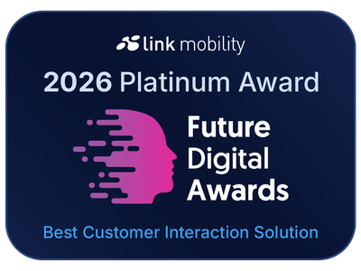Image showing LINK Mobility winning the 2026 Platinum Award at the Future Digital Awards for Best Customer Interaction Solution, recognizing excellence in two-way messaging, chatbot automation, and conversational customer engagement across SMS, WhatsApp, RCS and more!