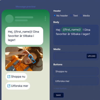 Illustration av hur man bygger upp ett WhatsApp-meddelande i en webbplattform, Ruta för brödtext, uppladdning av bilder, samt CTA-knappar.