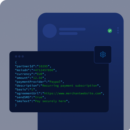 JSON code snippet showing MyLINK Payment API request with details for a recurring payment subscription, including partner ID, phone number, currency, amount, payment provider PayPal, description, agreement URL, and SMS notification text "Pay securely here."