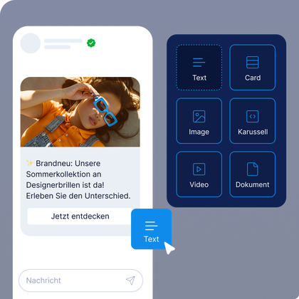 LINK Mobility Oberfläche zur Erstellung von RCS Business Messaging mit Text-, Karten-, Bild-, Karussell-, Video- und Dokumentenformaten. Die Beispielnachricht bewirbt eine Sommerkollektion.