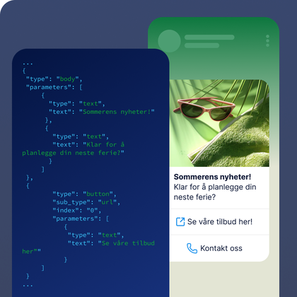Eksempel på WhatsApp Business API-melding for sommerkampanje, med tilbudstekst, bilde og knapper for å se tilbud eller kontakte selskapet.