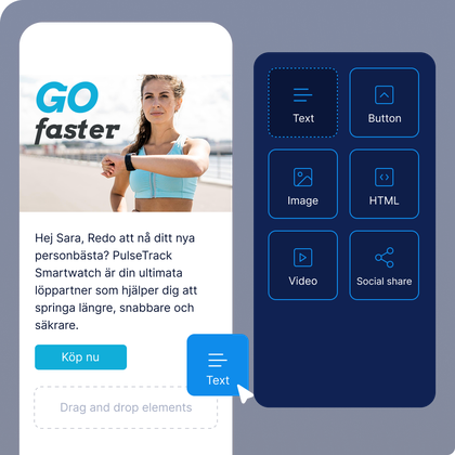 Visualisering av ett drag-and-drop verktyg för en kampanjbyggare för e-post. Bilden illustrerar en kampanj för träningsredskap med bilder och text samt en call-to-action med "köp nu".
