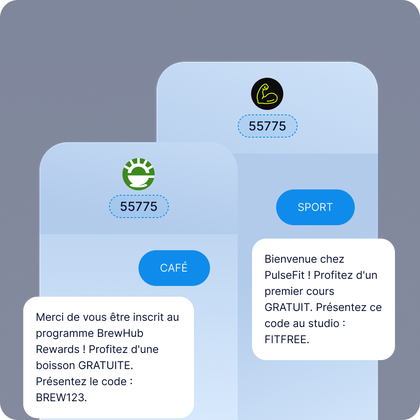 Une illustration présentant deux messages promotionnels : l'un pour un café proposant une boisson gratuite, et l'autre pour un cours de fitness proposant une séance gratuite.