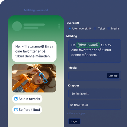 Eksempel på WhatsApp Business API med personalisert melding som bruker kundens navn, produktbilde og knapper for å se favoritt eller flere tilbud.