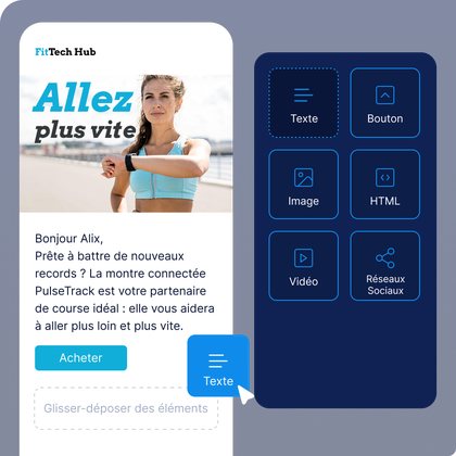 Une interface numérique présentant une publicité pour le fitness mettant en scène une femme portant une montre connectée, ainsi qu'un menu proposant des options pour le texte, les boutons, les images, le code HTML, les vidéos et les réseaux sociaux.