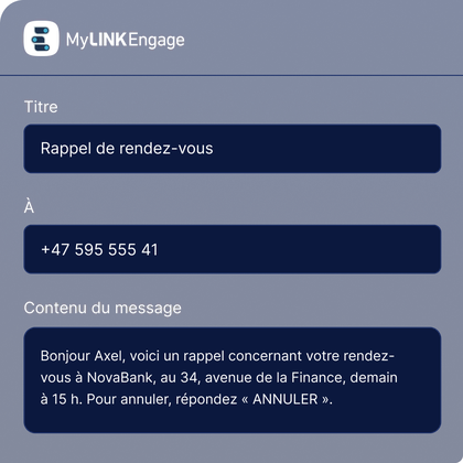 Interface de rappel de rendez-vous en français, détaillant une réunion chez NovaBank et proposant la possibilité d'annuler en répondant « ANNULER ».