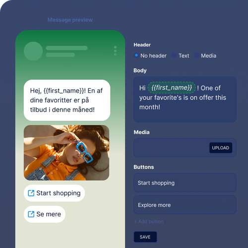 Grafik, der viser en WhatsApp API-beskedbygger med personaliseringsfelter. Forhåndsvisningen viser et kundetilbud med dynamisk fornavn, produktbillede og knapper til at starte shopping eller udforske mere.