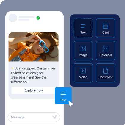 MyLINK Studio interface showing how to build RCS Business Messaging with text, card, image, carousel, video, or document formats. Message promotes summer collection.