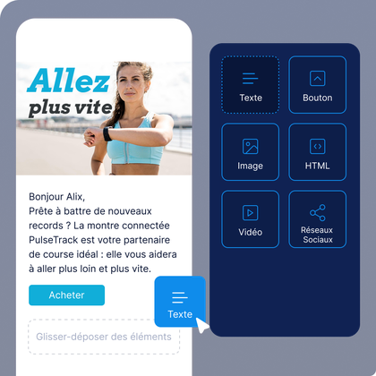 Maquette de l'interface d'une application de fitness représentant une femme en train de faire du jogging, accompagnée d'un texte promotionnel sur une montre connectée et d'éléments graphiques tels que des boutons et des icônes.