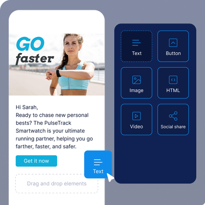 Email builder interface showing a smartwatch product email with drag-and-drop elements like text, image, button, video, HTML, and social share blocks.