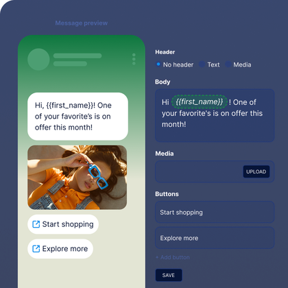 Graphic showing a WhatsApp API message builder with personalization fields. The preview displays a customer offer with dynamic first name, product image, and buttons to start shopping or explore more.