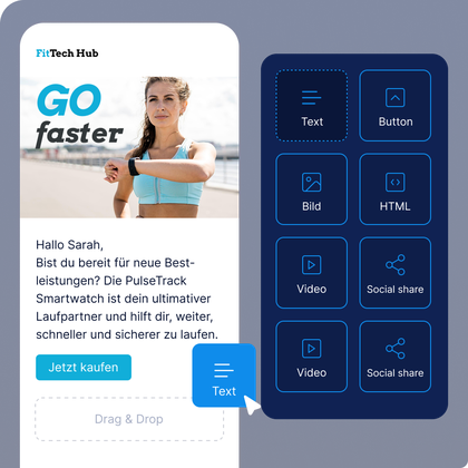 E-Mail-Builder mit Drag-and-Drop-Elementen wie Text, Bild, Button, Video, HTML und Social-Media-Blöcken. Das Beispiel zeigt eine Produkt-E-Mail für eine Smartwatch.