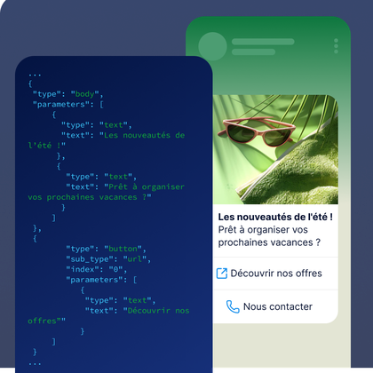Une interface mobile présentant un texte sur le thème de l'été consacré à l'organisation des vacances, avec une image représentant des lunettes de soleil et une serviette, ainsi qu'un code de type JSON à gauche.