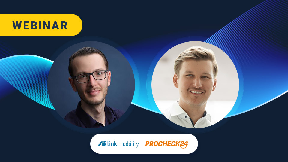 Webinar-Banner mit zwei Männern in runden Rahmen vor einem wellenförmigen blauen Hintergrund, darunter die Logos von LINK Mobility und PROCHECK24.