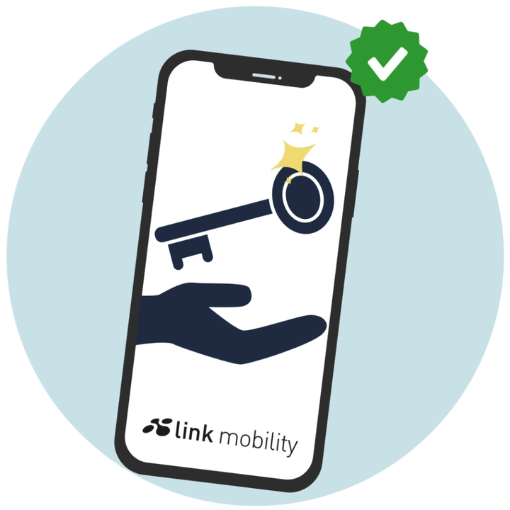 Ein Smartphone, auf dem ein Symbol in Form einer Hand zu sehen ist, die einen Schlüssel hält, umgeben von Funken, einem grünen Häkchen und darunter das LINK Mobility Logo.
