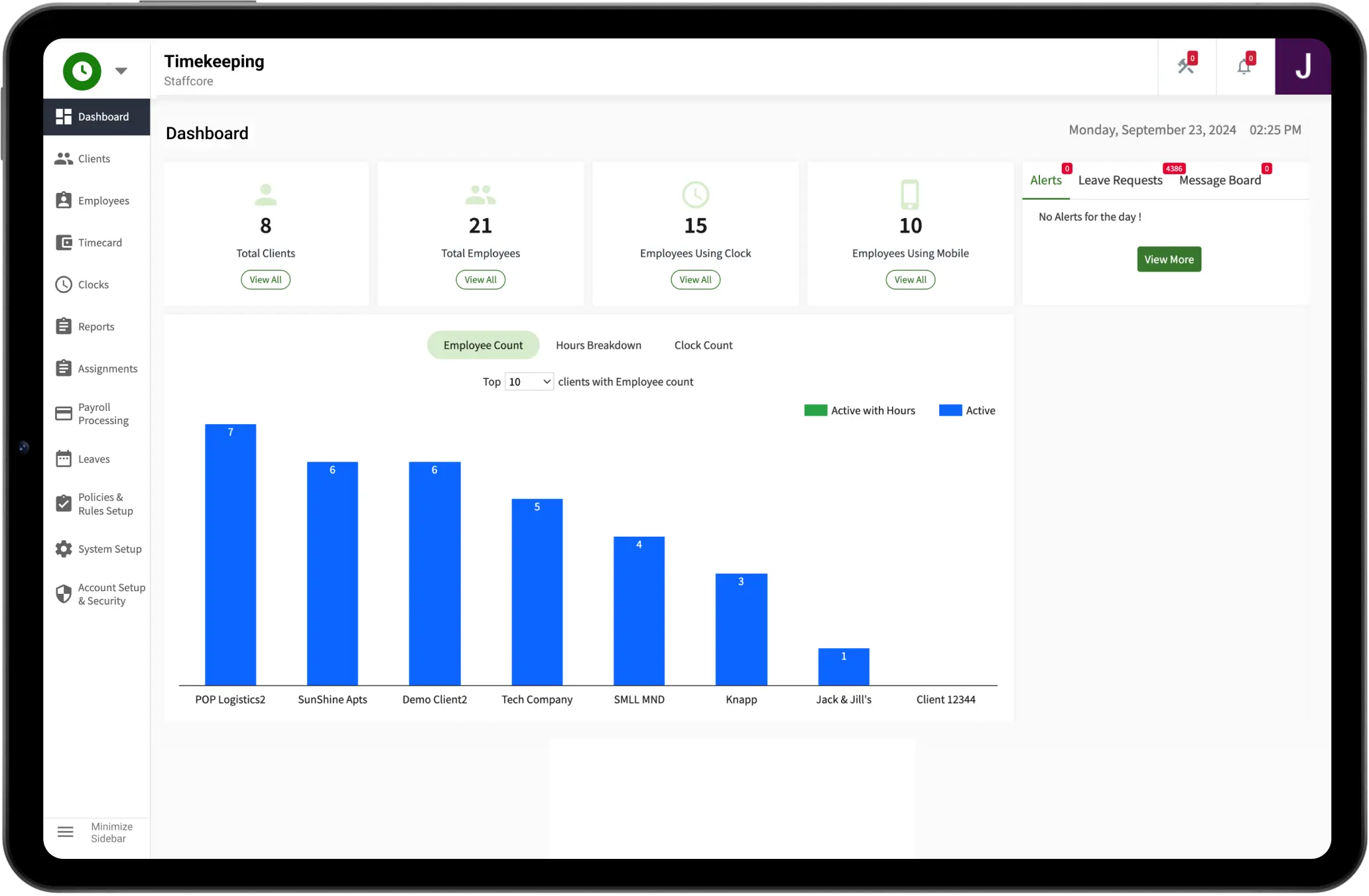 Dashboard of a timekeeping payroll solution for recruitment agencies