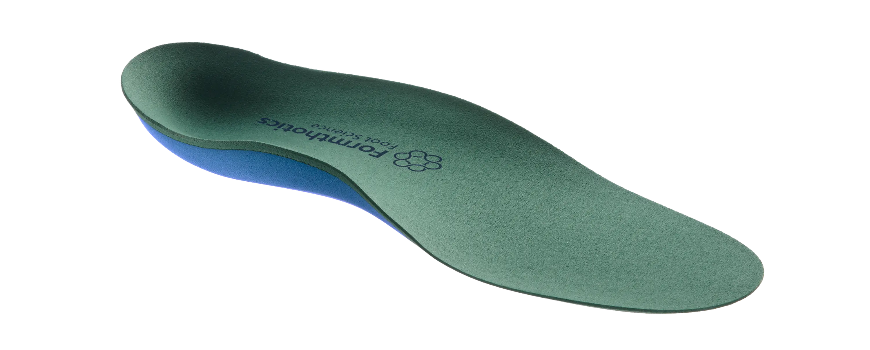 Formthotics Wide Fit Dual Medium orthotic insole viewed from above, showing its green contoured footbed and blue support layer.