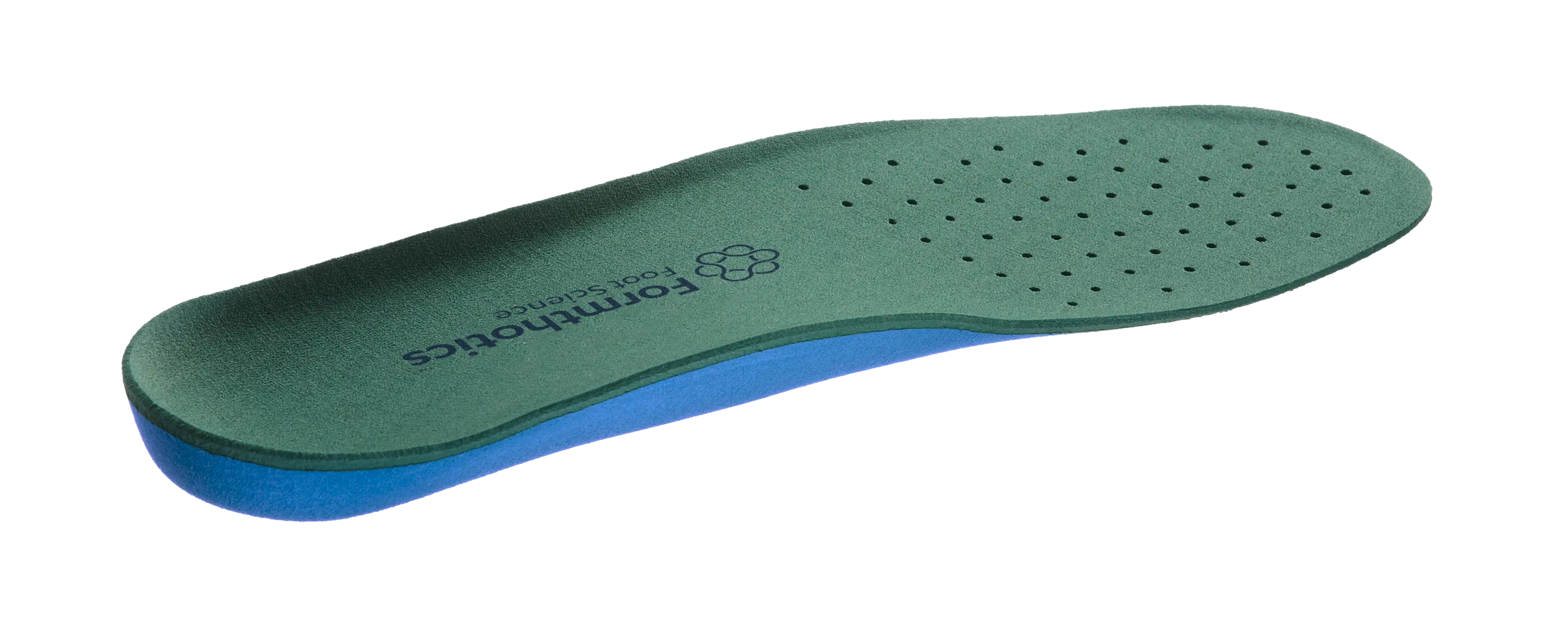 Formthotics Slim Fit Dual Medium Perforated insole viewed from the heel, showing the green footbed, perforated forefoot and blue base.