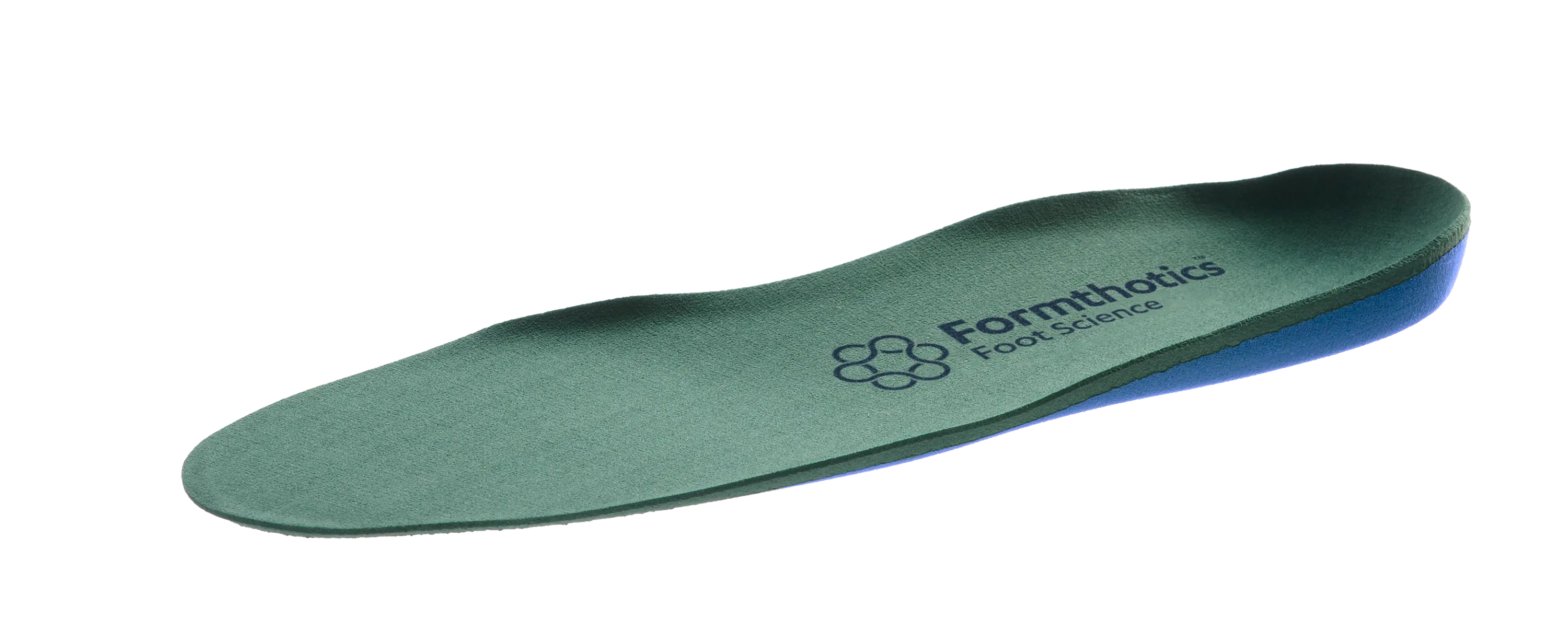 Formthotics Low Profile Dual Medium orthotic insole, shown at an angle with a green top layer and blue base.